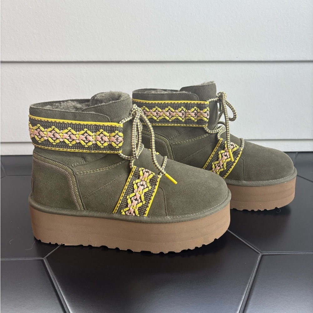 UGG Olive Suede Boots with Yellow Embroidery